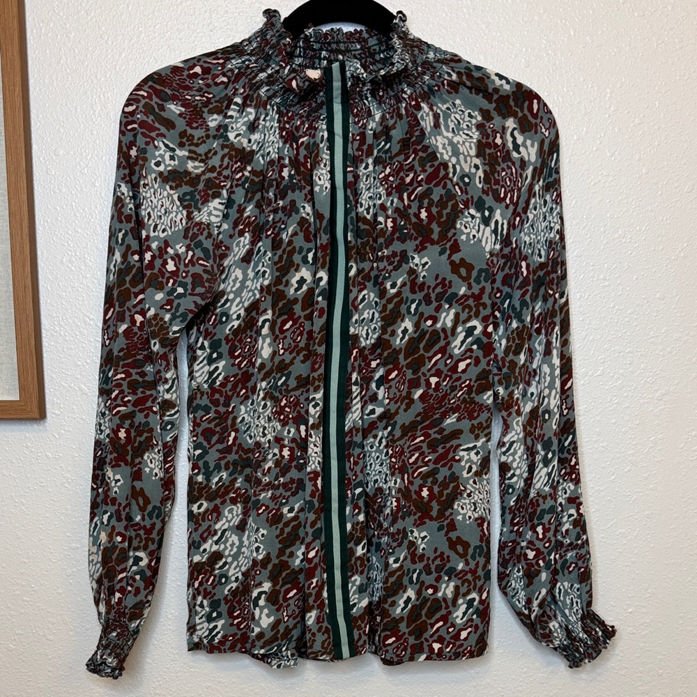 Rungolee Green maroon brown Floral Smocked Neck Blouse - XS